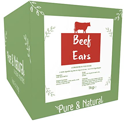 Pure & Natural Cow Ears for Dogs - Hypoallergenic Dog Chews, Low-Fat, Long Lasting, Natural Dog Treats for Large Dogs to Puppies over 8 Weeks - 1kg Bulk Box