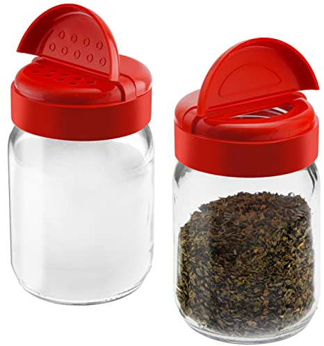 Spice Shaker Jar For Salt And Pepper/Parmesan Cheese/Seasoning Shaker, With Dual Flap Lid Perforated And Pouring Top - 6 Oz Glass Seasoning Shaker - Set of 2- Red
