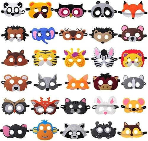 LATERN 30 Stück Tiermasken aus Filz, Kindermasken Party Taschenfüller für Tierparty Masken Cosplay Maske verkleiden für Halloween Party Maskerade Geburtstage Dschungel Thema Partyzubehör