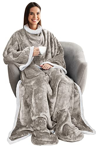 Catalonia Classy Coperta indossabile con maniche e piedi, coperta TV reversibile calda coperta in micropile sherpa con tasca, regalo per adulti donne uomini