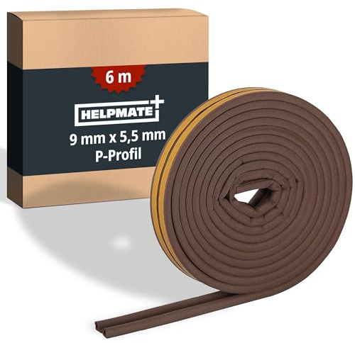 HELPMATE Joint de fenêtre - 6 m - 9 x 5,5 mm - Pour portes et fenêtres - Autocollant - Profil P - Pour espaces moyens de 2,5 à 5 mm - Marron