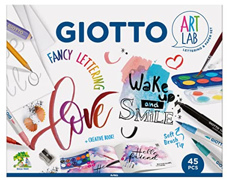 GIOTTO - Art Lab: Fancy Lettering - Kit Creativo per Scrittura - 1 Blocco Canson per Lettering + 10 Pennarelli a Pennello Turbo Brush + 12 Acquerelli Giotto Mini + 1 Giotto Happy Gomma