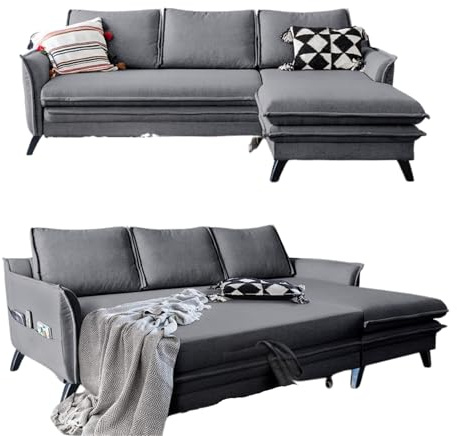 MIUFORM Charming Charlie, 4er Ecksofa mit Schlaffunktion, Rechts, Grau | Schlafsofa mit Bettkasten und Bettfunktion, 4 Sitzer Sofa L Form, 228x150x90cm, Couch mit Schlaffunktion, Sofa Bed Klappbar
