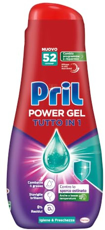 Pril Gel All in One Igiene, Detersivo Lavastoviglie Liquido con Bicarbonato, Multi-Azione Sporco Difficile, 52 Lavaggi