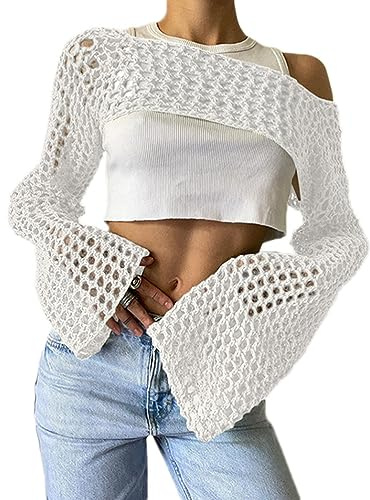 Onsoyours Damen Strick Crop Top Crochet Tops Strickpullover Casual Pullover Langarmshirt Y2K Elegant Tops Cover Up für Frauen A Weiß S