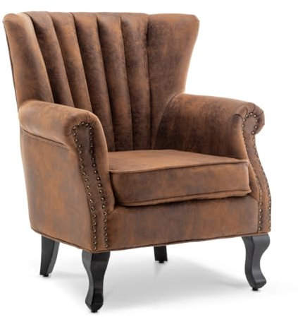 Luxury Brown Faux Leather Look Fireside Wingback Chair , High Back Armchair for Bedroom Living Room Corner Reading Conservatory Lounge Office , Modern Occasional Single Accent Chair for Small Spaces