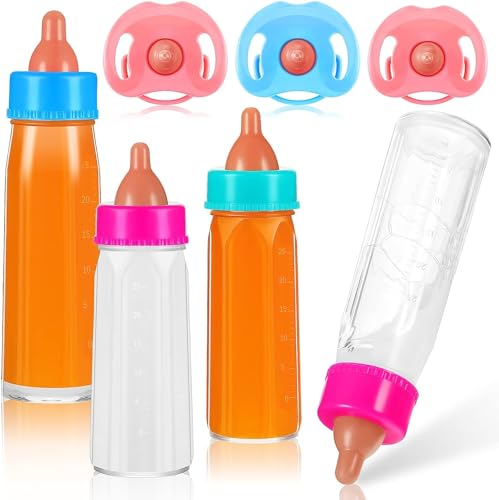 EKKONG Magische Flasche,4 Stück Baby Puppe Milchfläschchen mit 3 Stück Schnuller,New Born Baby Puppe Zubehör,Zauberflaschen Für Puppen, 3 Jahre to 6 Jahre