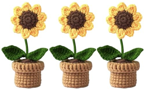 YANGSHINE 3 Pezzi Mini Fiori Artificiali in Vaso Fatti a Mano all'Uncinetto Fiori Completati Girasole Lavorato a Maglia a Mano per Casa Ufficio Cruscotto Auto Decorazione, Colore#6