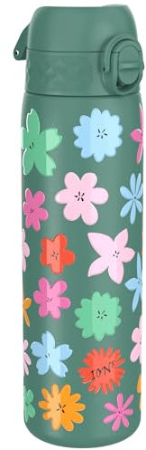 ION8 Leicht Stahl-Trinkflasche, 600 ml, Nicht IsoliertAuslaufsicher, Einhandöffnung, Sichere Verriegelung, Spülmaschinenfest, Klappdeckel, Tragegriff, Leicht zu Reinigen, Grüne Blumen