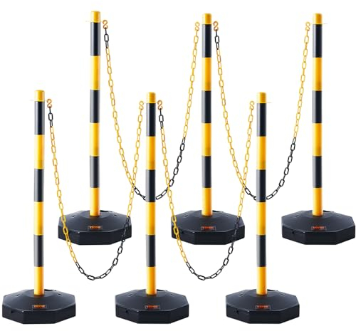 VEVOR Adjustable Traffic Delineator Post Cones, 6 Pack, Traffic Safety Delineator Barrier with Fillable Base 8FT Chain, for Traffic Control Warning Parking Lot Construction Caution Roads, Yellow&Black