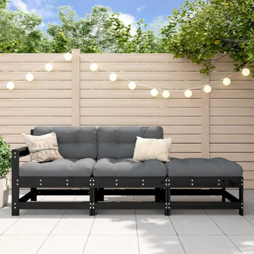 Gecheer Set Divani da Giardino 3 pz con Cuscini in Legno Massello Nero,Divano Modulare da Esterno,Set Divani da Esterno,Combinazione Libera,Divani Modulari,#G