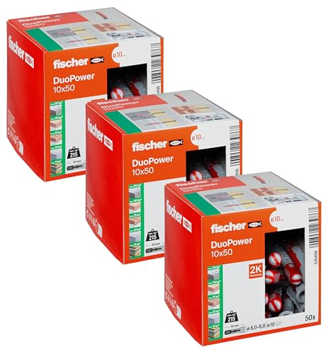 fischer DUOPOWER 10 x 50, Universaldübel, leistungsstarker 2-Komponenten-Dübel, Kunststoffdübel zur Befestigung in Beton, Ziegeln, Stein, Gipskarton uvm., ohne Schrauben, 50 Stück (3er Pack)