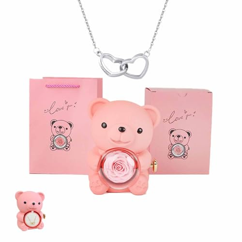 Regali di orsacchiotto abbraccio con rose conservate per donne con collana a cuore, regali di orsacchiotto con fiori di rosa eterna per moglie mamma nonna fidanzata Natale San Valentino compleanno