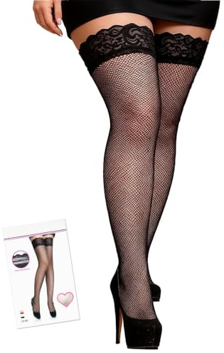 comeondear Medias Rejilla Mujer de Encaje con Silicona Talla Grande XS-5XL | Medias Autoadhesivas Sexy de Malla,Antideslizante,Hasta el Muslo,Stockings Transparentes y Elásticas,para Liguero,En Caja