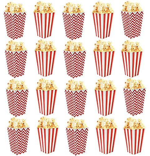 volumoon Scatole di Popcorn, 20 Pezzi Piccolo Striscia Scatole per Popcorn di Carta, Popcorn Scatole di Carta Sacchetti per Feste, Contenitori per Popcorn per Matrimoni, Teatro, Party (Rosso, Bianco)