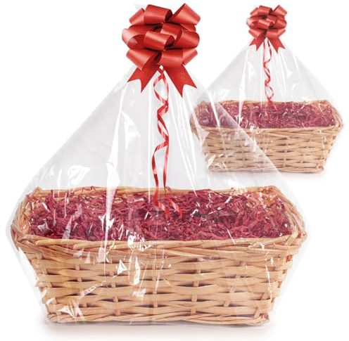 Woodluv DIY Set of 2 Wicker Gift Hamper Basket Kit Create Your Own Festive Present - Includes Cellophane, Shredding Paper & Ribbon - Honey/Red Ribbon