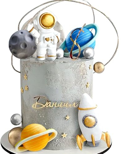 Golden Space Cake Dekoration Weltraum Tortenaufleger Astronaut Rocket Stars