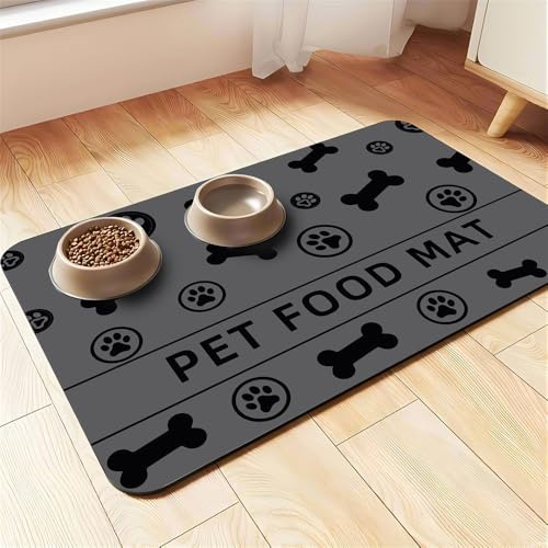 Mateju Napfunterlage Hund Katzen, Knochen Drucken Futtermatte Hund rutschfest Saugfähig Schnelltrocknend Futtermatte Hunde Katzen Matte, Napfunterlage Katze Hundenapf Unterlage (Dunkelgrau,50x80cm)