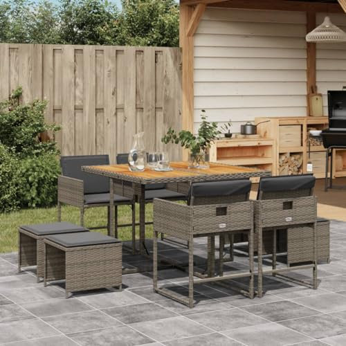Gecheer 9-TLG. Garten Essgruppe 8 Personen Gartenmöbel Set Gartenlounge Set Polyrattan Sitzgruppe Gartengarnitur Gartenset Balkonmöbel Set mit Kissen Grau Poly Rattan