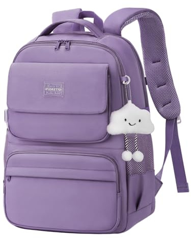 FIORETTO 25L School Bag for Girls & Teens, Womens Backpack Rucksack with Organized Pockets, Trolley Strap & Chest Buckle, Fits 15.6 Laptop, Ideal for School, Travel & Daily Use Purple