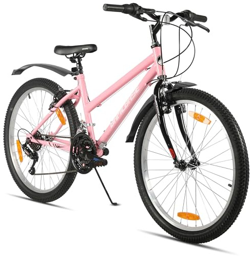 Hiland 24 tums mountainbike, cykel för flickor och kvinnor, 18-växlad MTB-cykel med V-broms fram och bak, robust stålram mountainbike, rosa