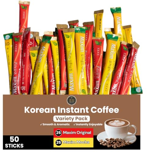 Korean Instant Coffee Mix – 50 Packets, 2 Flavors – Maxim Original & Mocha Gold Mild, 3-in-1 Coffee Sticks, Sweet & Creamy Instant Coffee Variety from Korea