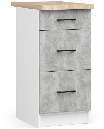 AKORD Küchen-Unterschrank OLIWIA 40 cm | 4 Schubladen | Küchenschränke | Geräumig | Für eine kleine Küche | Für eine Küchenzeile | Als Teil eines Sets | B40 x H85 x T46 cm | 32,20 kg | Weiß & Beton