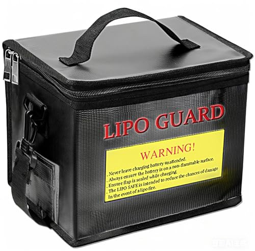 Qloi-LeUe Lipo Battery Bag Fireproof - 8.46x5.71x6.5 Safe Charging & Storage Pouch for RC Drone Batteries, Double Zipper Bag with Detachable Shoulder Strap