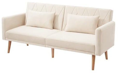 Solisburne Schlafcouch, Couch mit 2 Kissen, Schlafsofa mit Schlaffunktion Massivholzbeine, 3-Fach Verstellbare Rückenlehneaus Klappsofa fürs Wohnzimmer, Schlafzimmer, Heimkino180×75×82, Samt, Beige