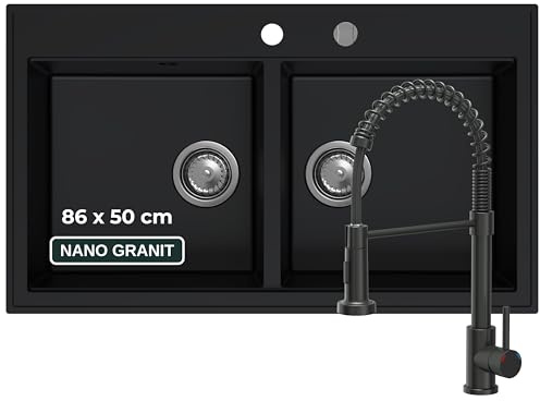 SINK QUALITY Doppelspüle schwarz mit Armatur, Granitspüle Doppelbecken 86x50 cm, Doppel Spülbecken mit Siphon und Imprägniermittel, 2 Becken Küchenspüle ab 85er Unterschrank