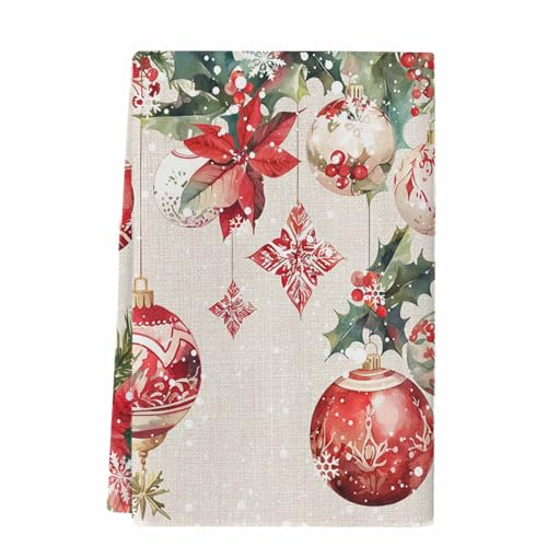 Paños de cocina navideños con diseño de flor de Pascua, bola roja de Navidad, absorbentes de agua, paños de cocina con copos de nieve y bayas de acebo, para limpieza y secado de cocina (1 paquete)