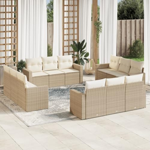 Owoxanthellate 12-TLG. Gartenlounge Beige Poly-Rattan Sofa-Set 55 x 62 x 69 cm, wetterfestes Lounge-Möbel mit Stauraum & Kissen für Garten Terrasse Balkon