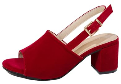 Sandaletter, dam, med blockklack, nätdesign, sandaletter med klack, sandaletter, låg klack, stor storlek, strandsandaler, bekväma fritidssandaler, halkfria sandaler, ankelrem, slip-sandaler, röd, 36