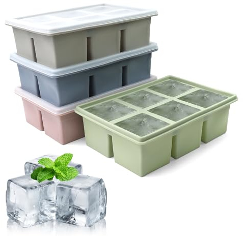 BATHRINS 4 PCS Large Silicone Ice Cube Tray Set with Lid | 2 Inch Big Square Ice Cube Molds with Lid, Reusable Ice-Cube Maker for Whiskey, Cocktails, Easy Release (4 Colors)