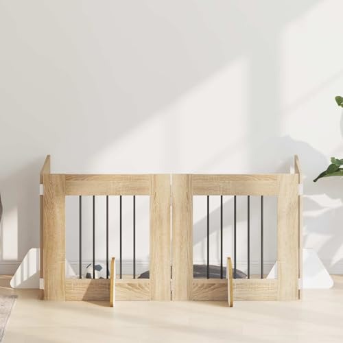 QUAHEAS Hundetor mit Ständern aus Metall und Holz in Sonoma-Eiche 60 x 60 cm, faltbar, 4-teilig, modularer Hundezwinger und Tiergehege für drinnen und draußen, tragbar, ideal für Wohnung und Garten
