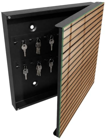 Tulup Caja para Llaves 30x30 cm | Negros | Derecha | Montaje en Pared | Paneles de madera | 50 Ganchos | Frente Decorativo de Cristal | de Metal | Organizador | Kit de Montaje Incluido