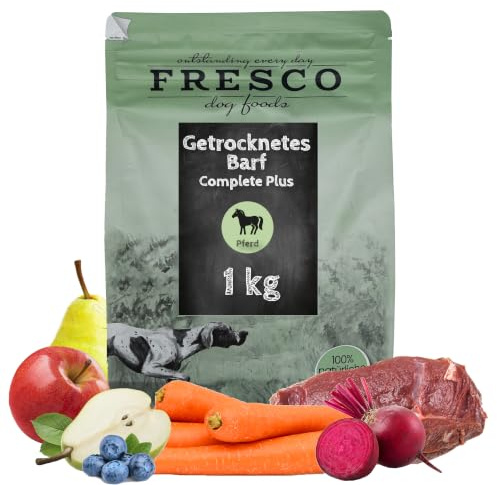FRESCO Dog TrockenBarf für Hunde Pferd 1kg | 100% frisch Barf Complete Hund | Hypoallergen, getreidefrei & zuckerfrei | 80% Frischfleisch | BARF Hundefutter trocken ohne künstliche Zusätze