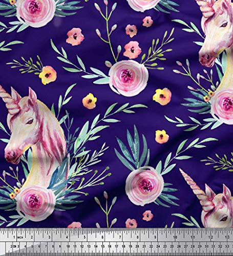 Soimoi Lila Baumwoll-Popeline Stoff Einhorn Gesicht & Ranunkeln Blumen- Dekor Stoff gedruckt 1 Meter 56 Zoll breit