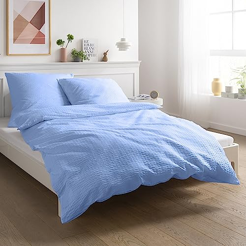 Carpe Sonno Seersucker Bettwäsche 135x200 Baumwolle | Kühlende Bettwäsche Sommer Bettbezug 135 x 200 Leichte Sommerbettwäsche Bügelfreie Bettwäsche Blau | Blaue Bettwäsche Baumwolle 135x200