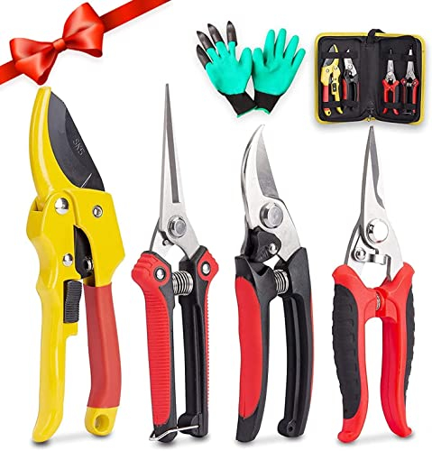 Fstop Labs 4 Packs Pruner Shears Garden Cutter Clippers, Stainless Steel Sharp Pruner Secateurs, Professional Bypass Pruning Hand Tools Scissors Kit With Storage Bag