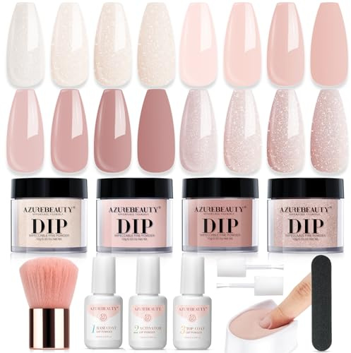 AZUREBEAUTY Dip Powder Nail Kit Starter, All Season Nude Skin Glitter 4 Colors Dipping Powder Liquid Set Recycling Tray with Base & Top Coat Activator for French Nail Art Manicure Salon DIY at Home.