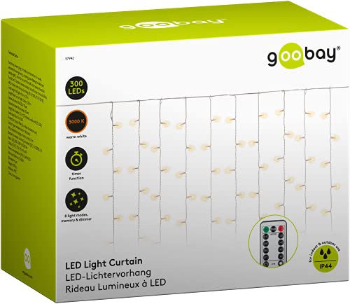 goobay 57942 LED Lichtervorhang Außen / 300 warmweiß LED Lichterkette Fernbedienung / 8 Leuchtmodi & Timer Lichterkettenvorhang/Weihnachtsbeleuchtung/Außentrafo, Klar