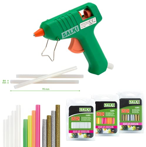 SALKI Pack Pistola de Encolar ESK 25W Mini Aplicador de Silicona Caliente con Soporte 3 - Blíster de 22 Barras de Cola de 8mm de Diámetro de Distintos Colores