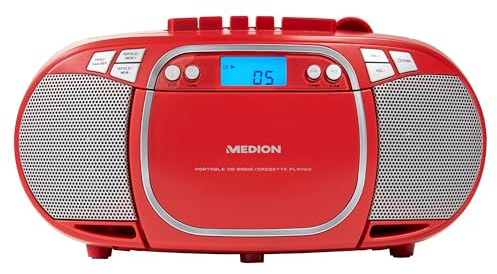 MEDION E66476 Stereo Sound System (Boombox, CD-Player, MP3, Kassette, tragbarer Kassettenspieler für Kinder, UKW Radio, AUX, Kopfhörer, Netz & Batterie) rot