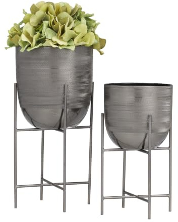 Deco 79 Decorative Indoor Outdoor Planter, Flower Pot for Living Room, Kitchen, Office, Patio Entryway, Metal, Gray | Indoor Outdoor Small Brushed Dome Large Planter Pot With Removable Stand Plant Pot Planter Pot