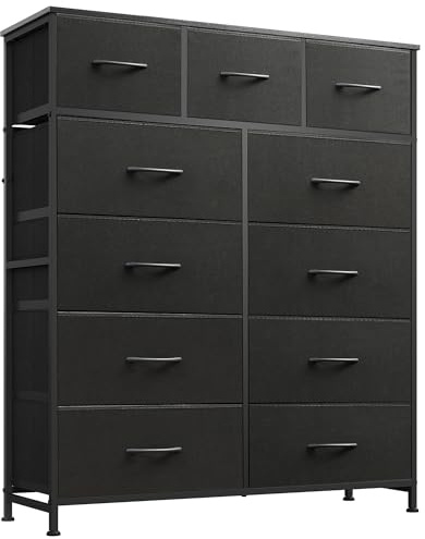 WLIVE Tall Dresser for Bedroom, Fabric Dressers Storage Tower, Dresser & Chest of Drawers Organizer Unit with 11 Drawers, Storage Cabinet, Hallway, Closets, Steel Frame, Wood Top, Charcoal Black
