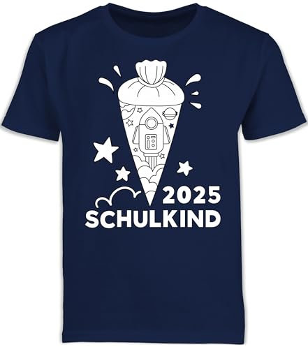 Kinder T-Shirt Jungen Schulanfang - Einschulung Junge - Schulkind Schultüte 2025 Rakete zum ausmalen - 128 (7/8 Jahre) - Navy Blau - Tshirt schulanfänger Outfit 1.Schultag 1 Schultag schultüten