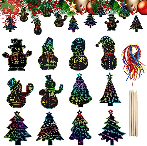 Weihnachten Kratzbilder, 48 Stück Weihnachten Kratzpapier, Weihnachtsdeko Kratzpapier, Kratzbilder für Kinder, Regenbogen Kratzpapier Set für Kinder Basteln, Weihnachtsan Geschenkan