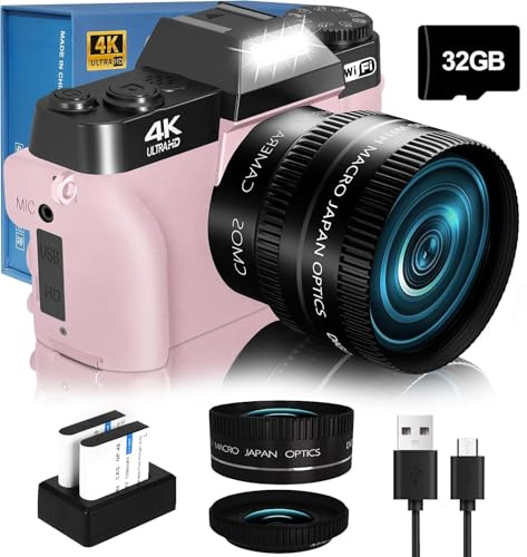 Fotocamera digitale VJIANGER 2024 per fotografia, 4K 56 MP, fotocamera Vlogging per YouTube con WiFi, schermo flip a 180 gradi, zoom digitale 16x, obiettivo 52 mm, 2 batterie, scheda TF da 32 GB