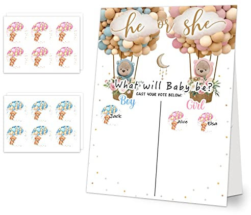 Baby Gender Reveal Party Supplies, Gender Reveal Games Voting Board with Stand, 48 PCs Little Bear Stickers, Little Bear Gender Reveal Party Centerpiece Decorations